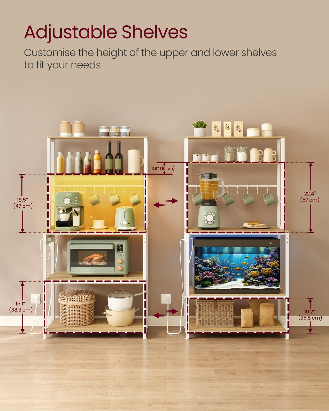 Coffee Bar – Wood and Metal – Rustic Brown and Matte Black – With LED Lights and Adjustable Shelves
