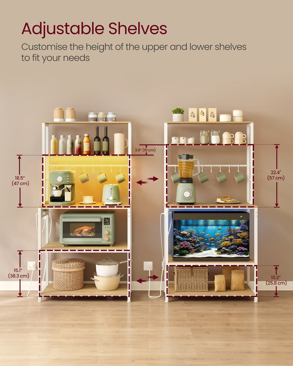Coffee Bar – Wood and Metal – Rustic Brown and Matte Black – With LED Lights and Adjustable Shelves