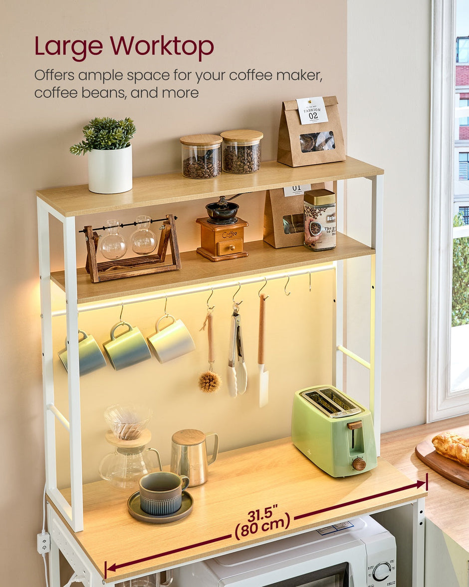 Coffee Bar – Wood and Metal – Rustic Brown and Matte Black – With LED Lights and Adjustable Shelves