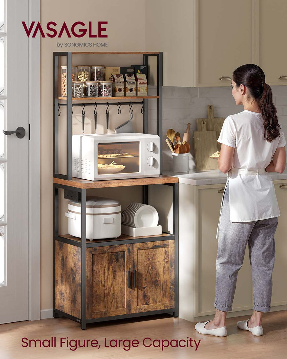 Bakers Rack – Wood and Metal – Rustic Brown and Ink Black – Coffee Bar Cabinet with Power Outlet and Hooks