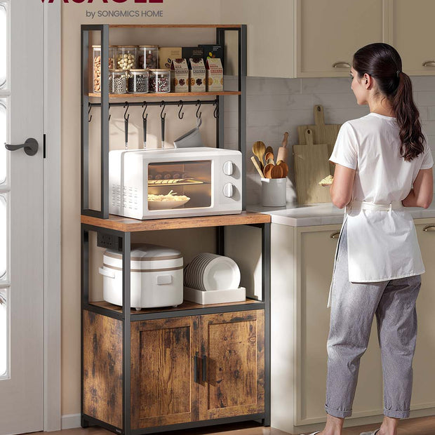 Bakers Rack – Wood and Metal – Rustic Brown and Ink Black – Coffee Bar Cabinet with Power Outlet and Hooks