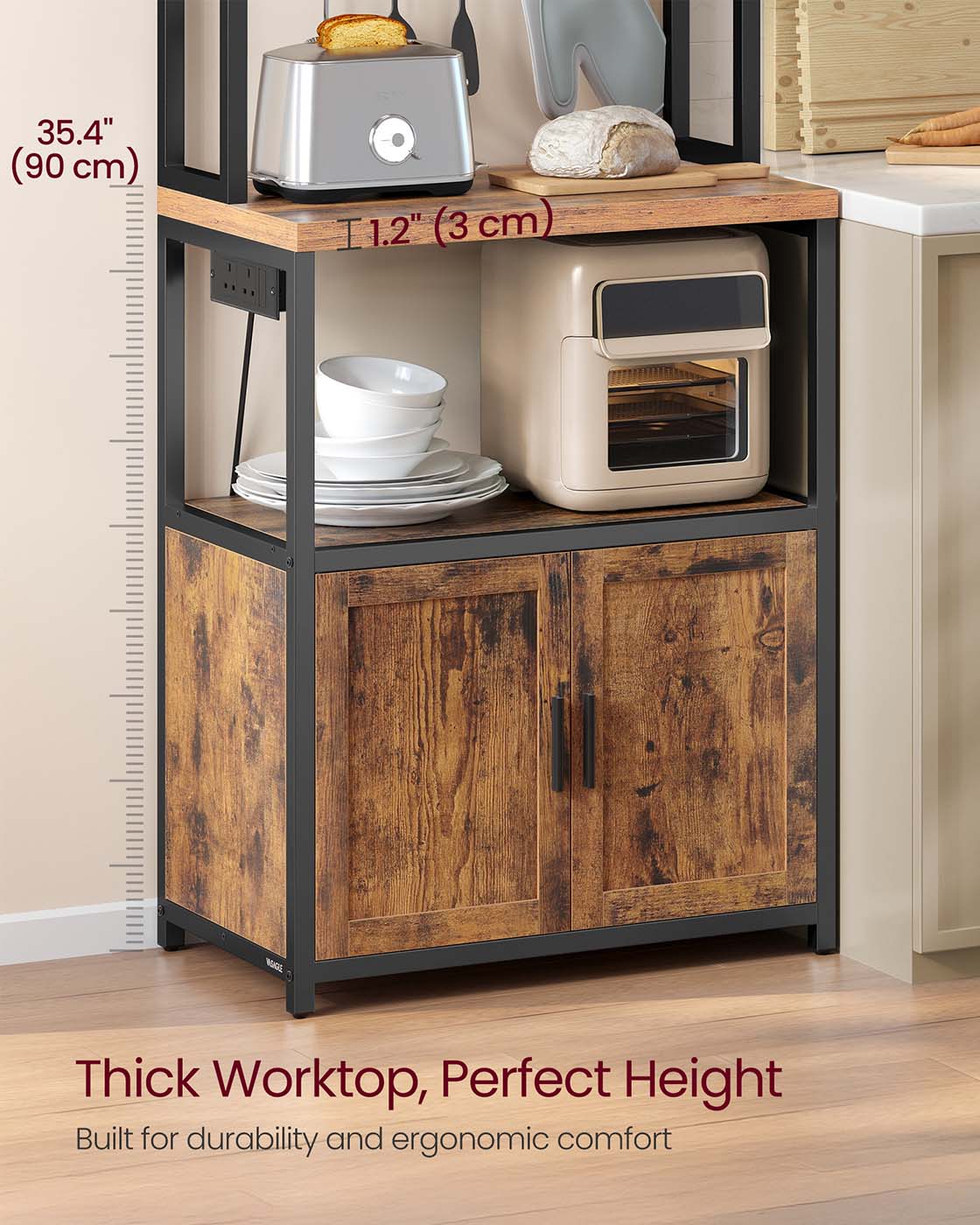 Bakers Rack – Wood and Metal – Rustic Brown and Ink Black – Coffee Bar Cabinet with Power Outlet and Hooks