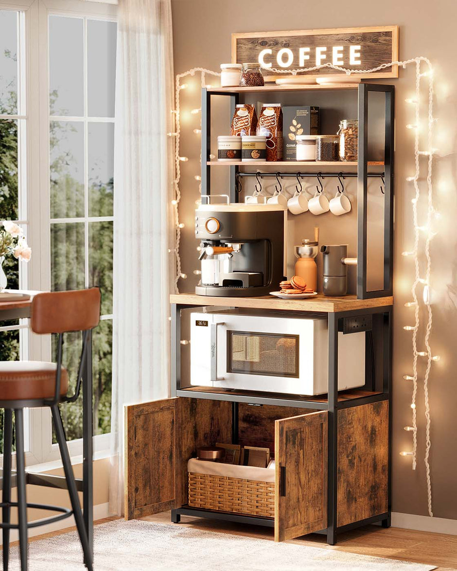 Bakers Rack – Wood and Metal – Rustic Brown and Ink Black – Coffee Bar Cabinet with Power Outlet and Hooks
