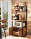 Bakers Rack – Wood and Metal – Rustic Brown and Ink Black – Coffee Bar Cabinet with Power Outlet and Hooks