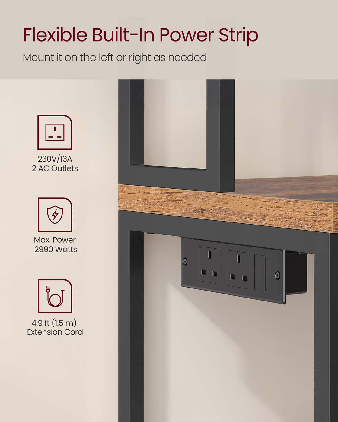 Bakers Rack – Wood and Metal – Rustic Brown and Ink Black – Coffee Bar Cabinet with Power Outlet and Hooks