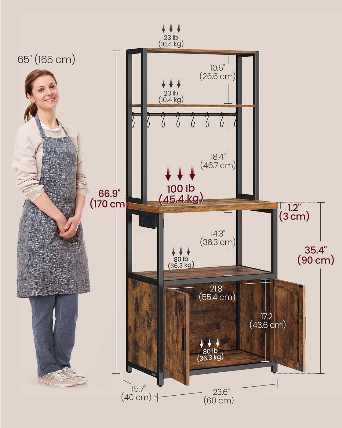 Bakers Rack – Wood and Metal – Rustic Brown and Ink Black – Coffee Bar Cabinet with Power Outlet and Hooks