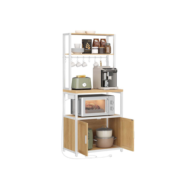 Bakers Rack – Wood and Metal – Rustic Brown and Ink Black – Coffee Bar Cabinet with Power Outlet and Hooks