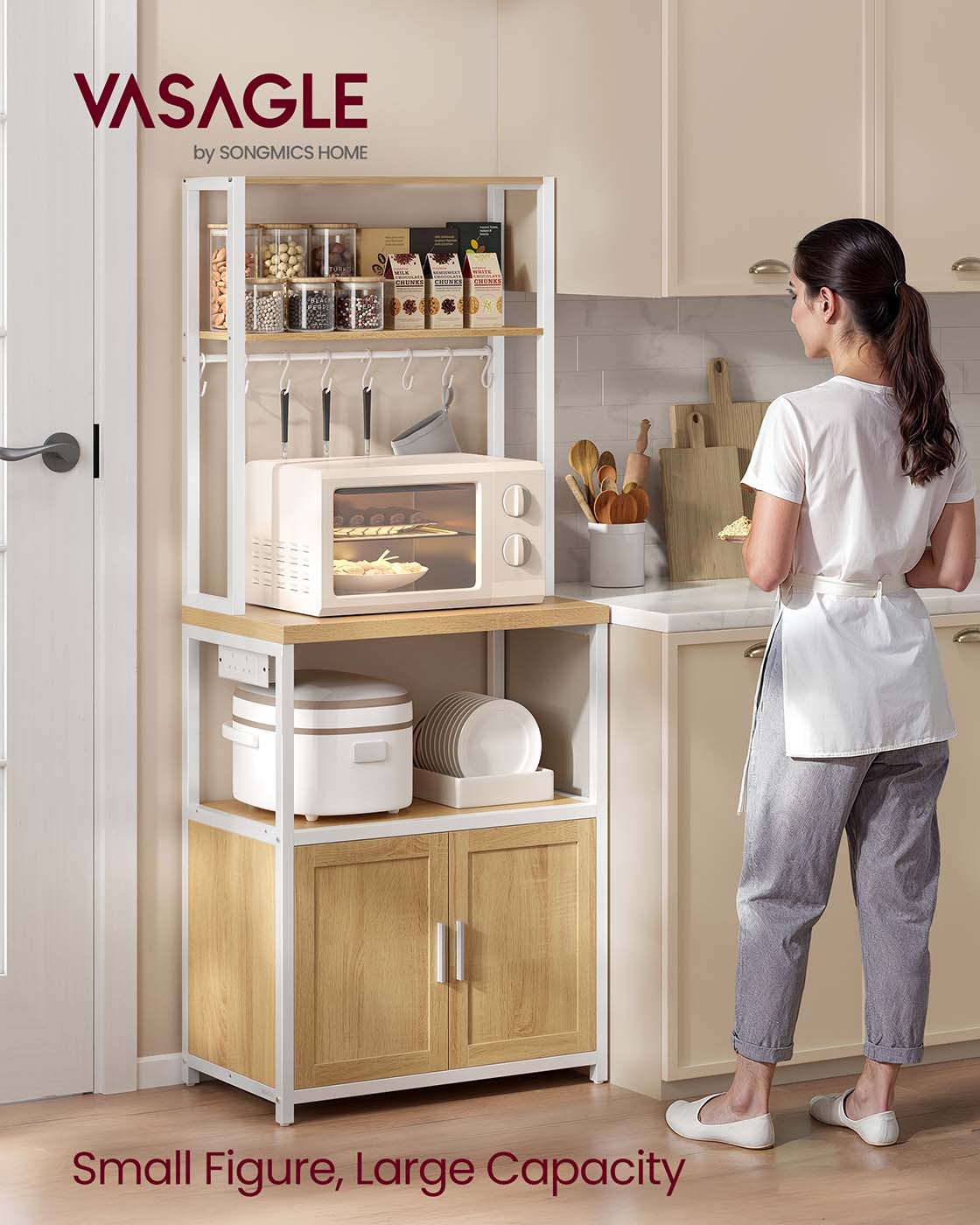 Bakers Rack – Wood and Metal – Rustic Brown and Ink Black – Coffee Bar Cabinet with Power Outlet and Hooks