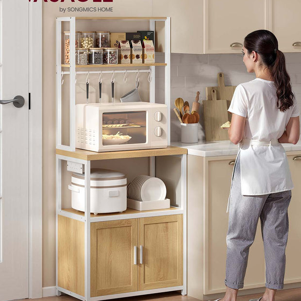 Bakers Rack – Wood and Metal – Rustic Brown and Ink Black – Coffee Bar Cabinet with Power Outlet and Hooks
