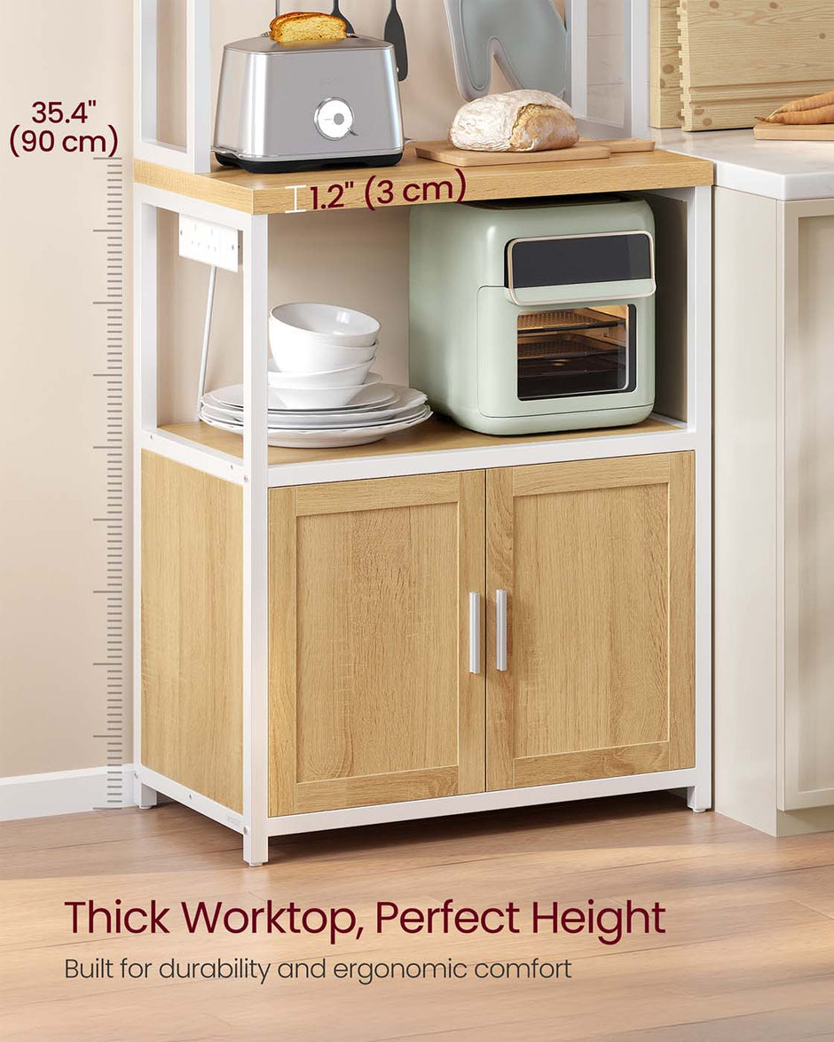 Bakers Rack – Wood and Metal – Rustic Brown and Ink Black – Coffee Bar Cabinet with Power Outlet and Hooks