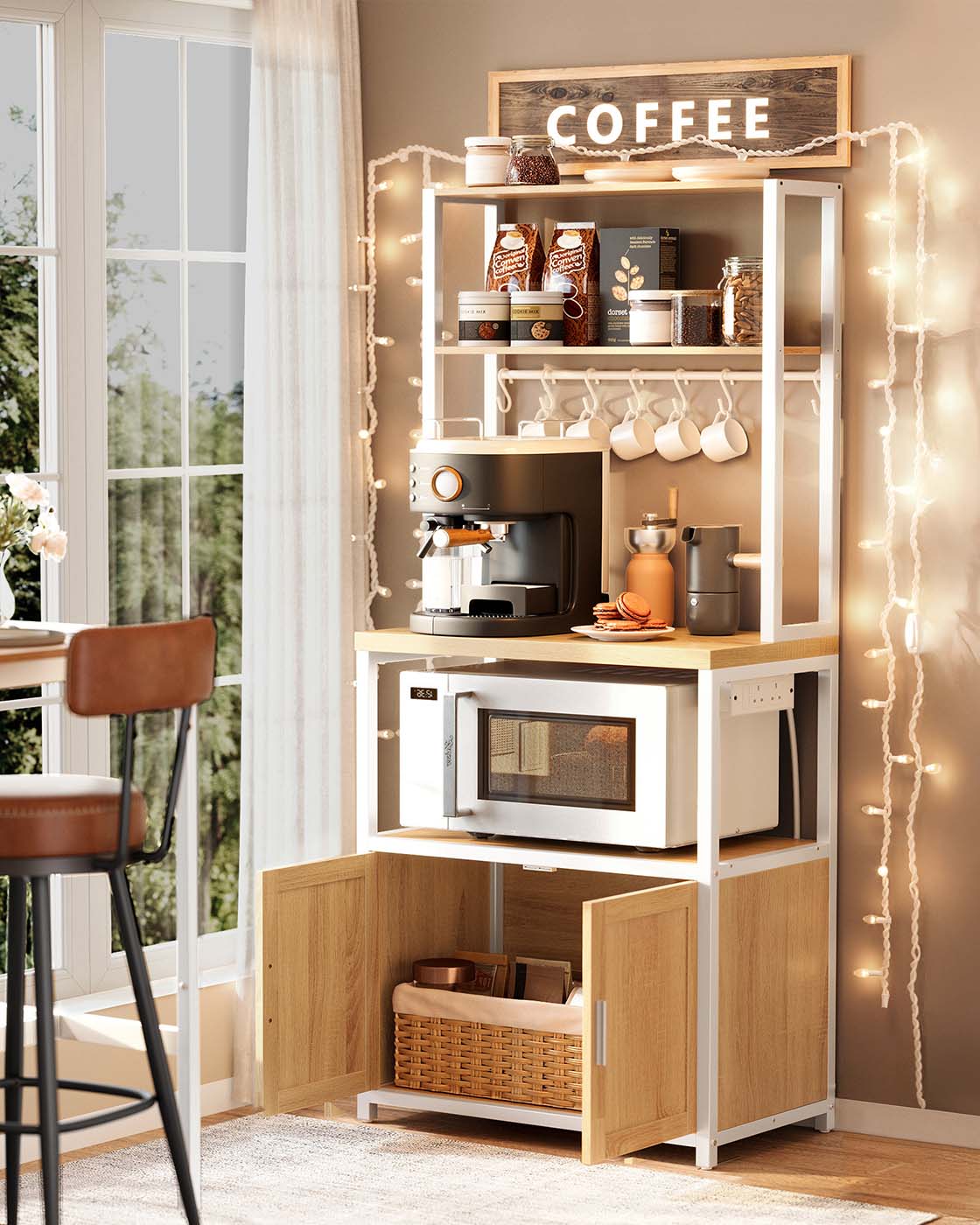 Bakers Rack – Wood and Metal – Rustic Brown and Ink Black – Coffee Bar Cabinet with Power Outlet and Hooks