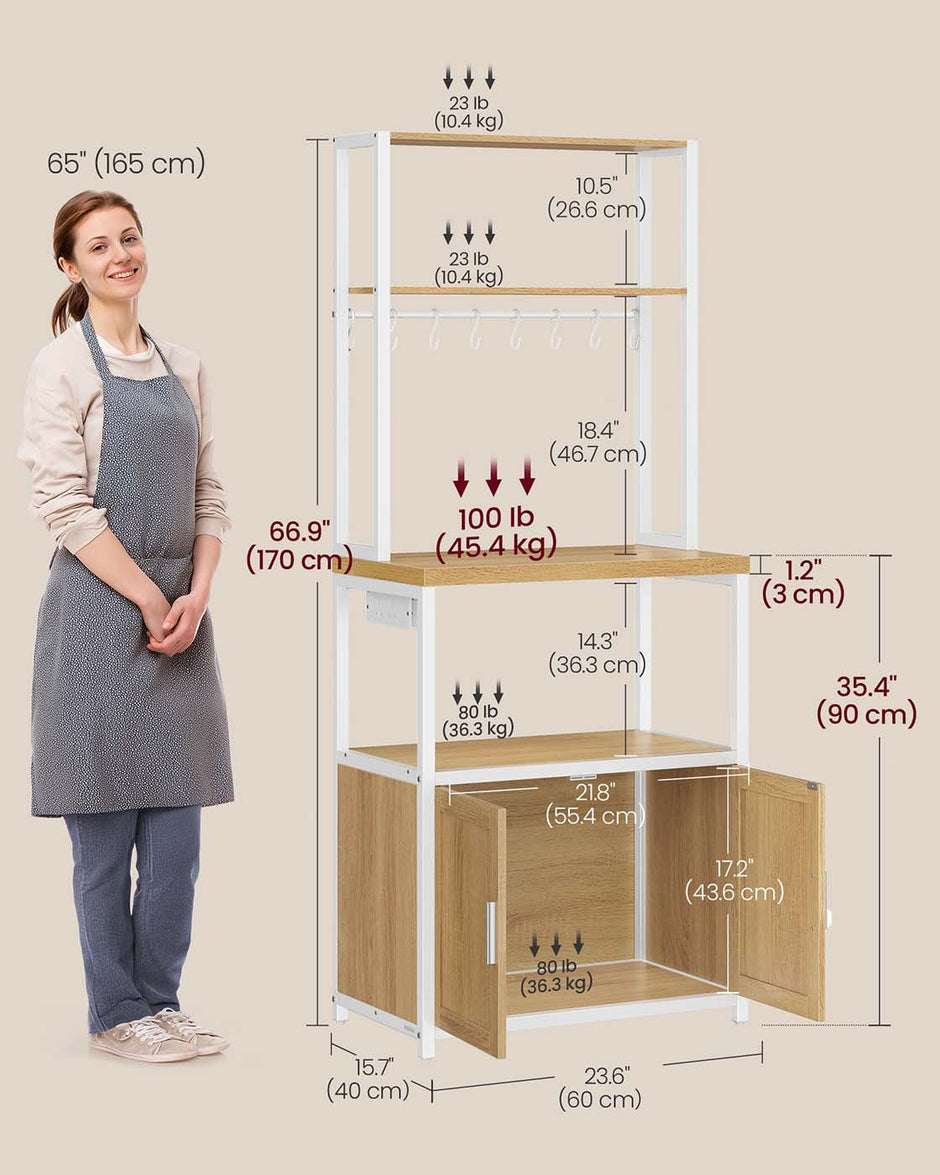 Bakers Rack – Wood and Metal – Rustic Brown and Ink Black – Coffee Bar Cabinet with Power Outlet and Hooks