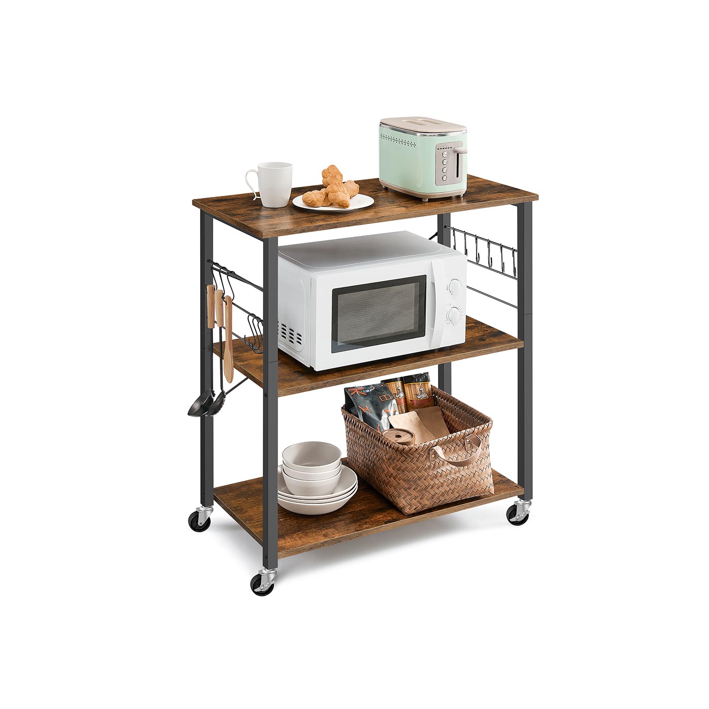 Serving Trolley – Metal – Rustic Brown and Ink Black – 3 Shelves with Hooks