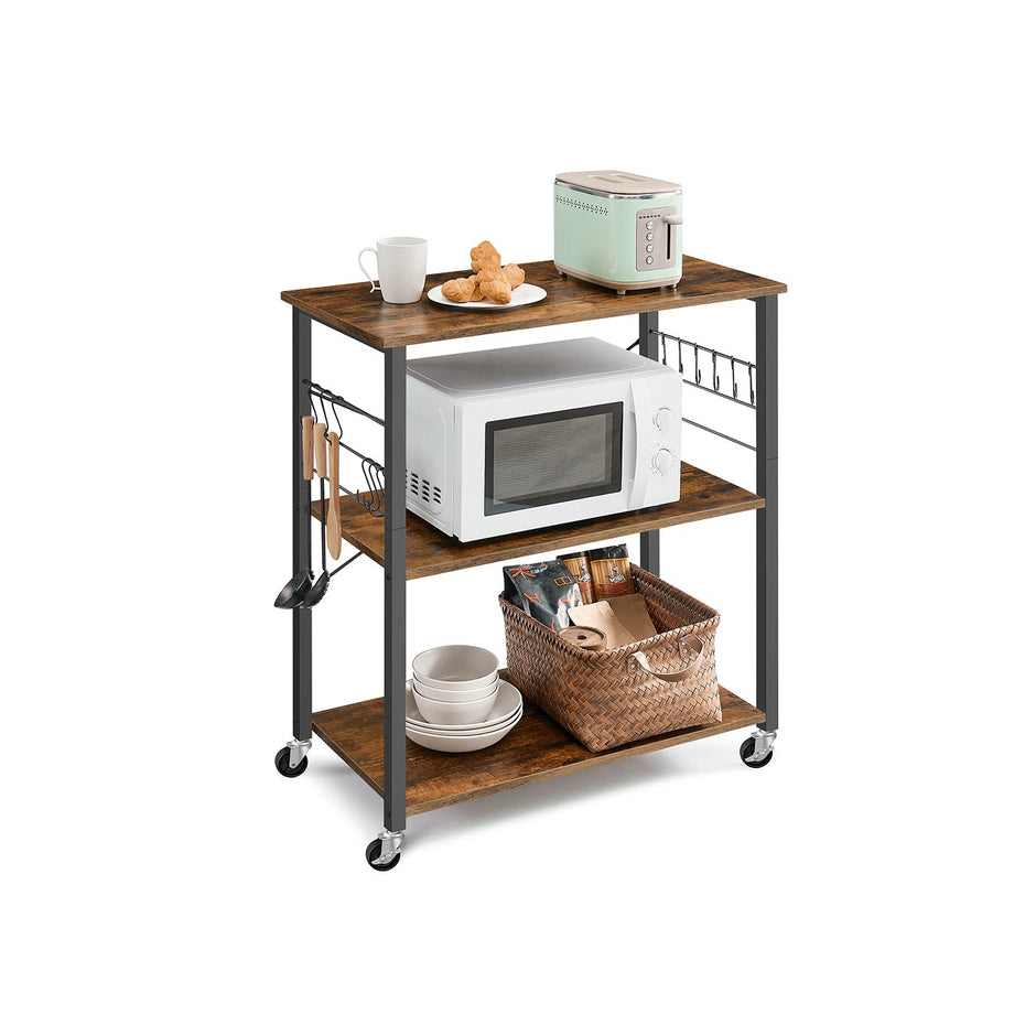 Serving Trolley – Metal – Rustic Brown and Ink Black – 3 Shelves with Hooks