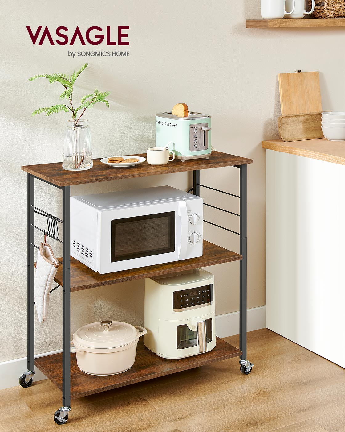 Serving Trolley – Metal – Rustic Brown and Ink Black – 3 Shelves with Hooks