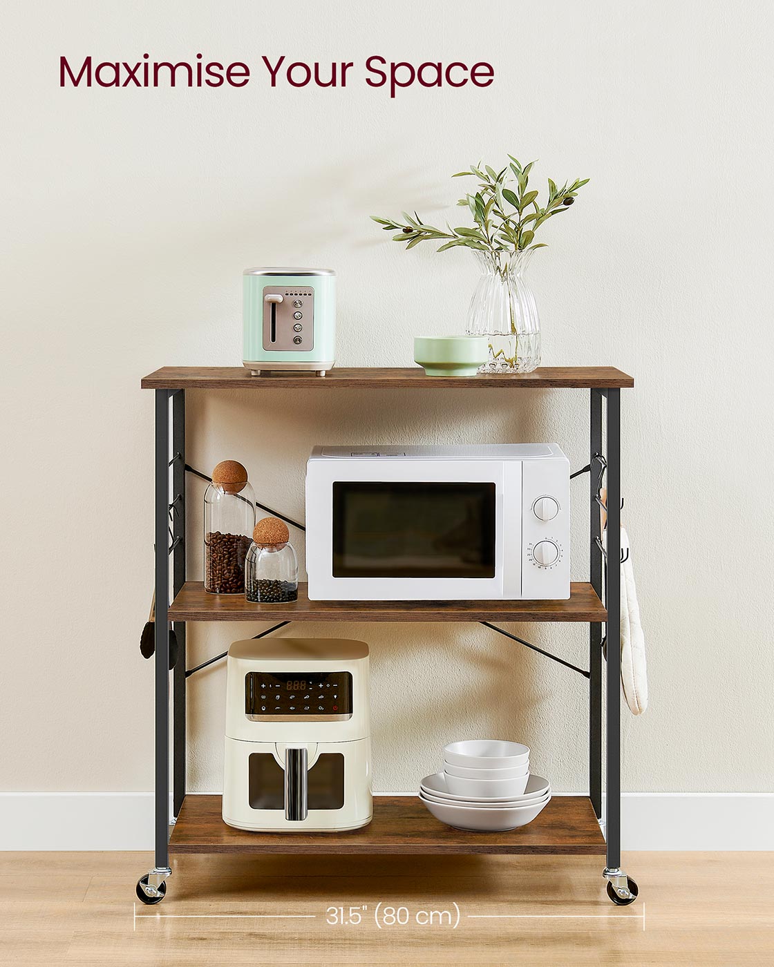 Serving Trolley – Metal – Rustic Brown and Ink Black – 3 Shelves with Hooks