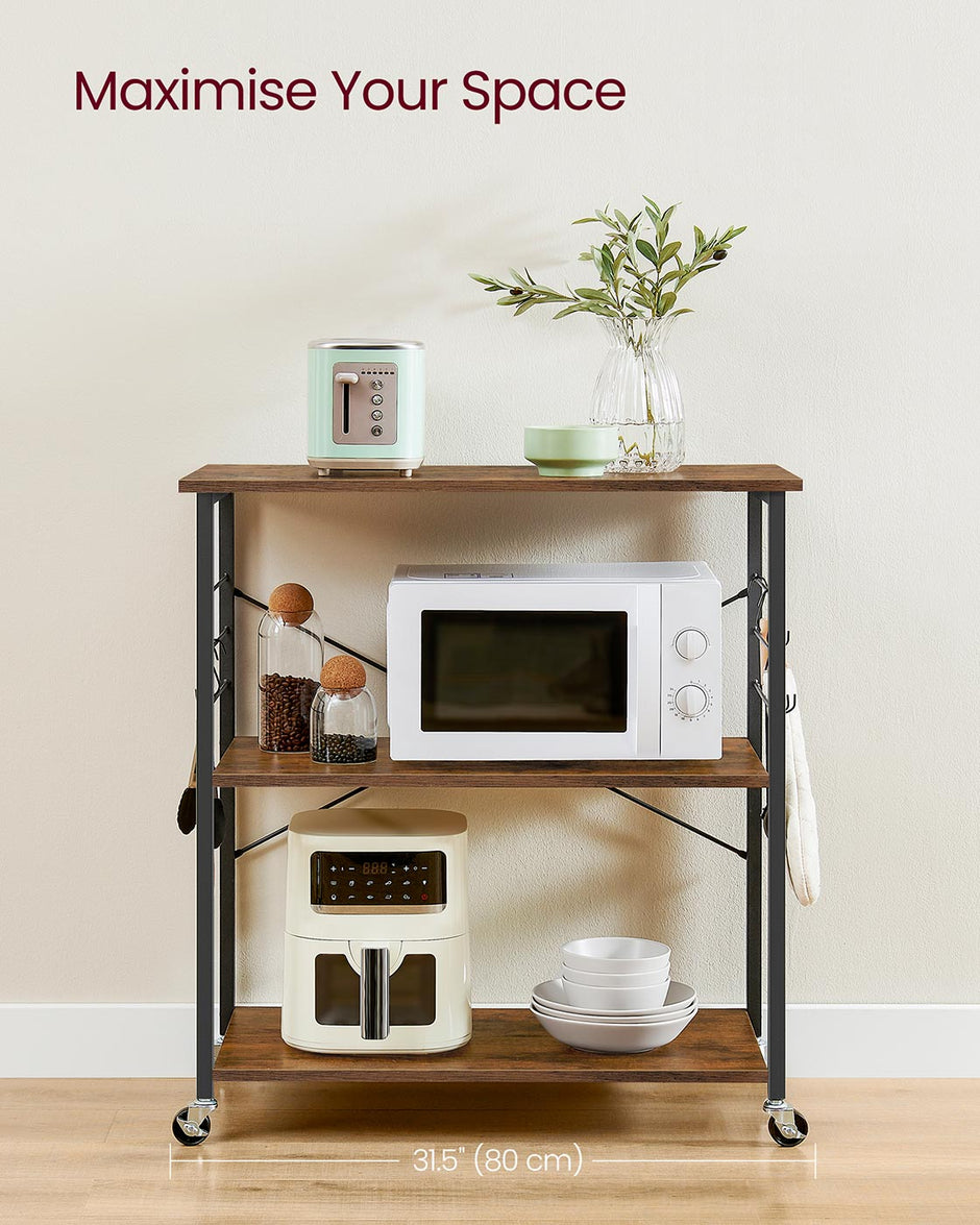 Serving Trolley – Metal – Rustic Brown and Ink Black – 3 Shelves with Hooks