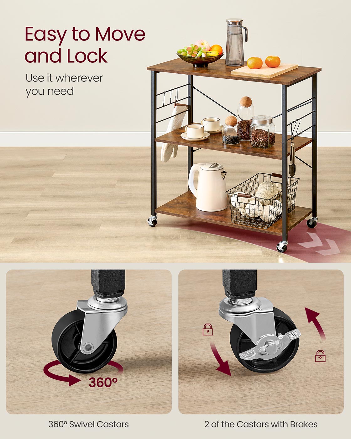 Serving Trolley – Metal – Rustic Brown and Ink Black – 3 Shelves with Hooks