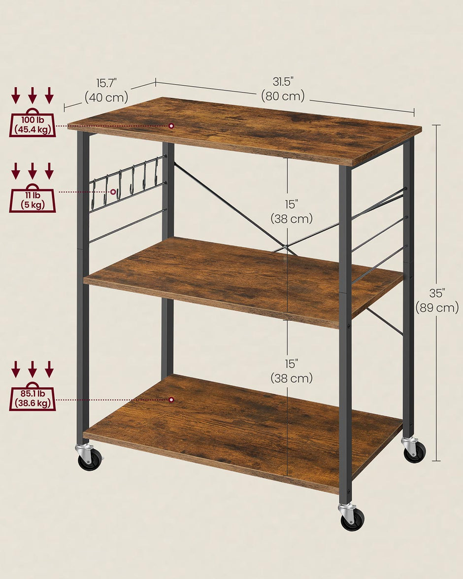 Serving Trolley – Metal – Rustic Brown and Ink Black – 3 Shelves with Hooks