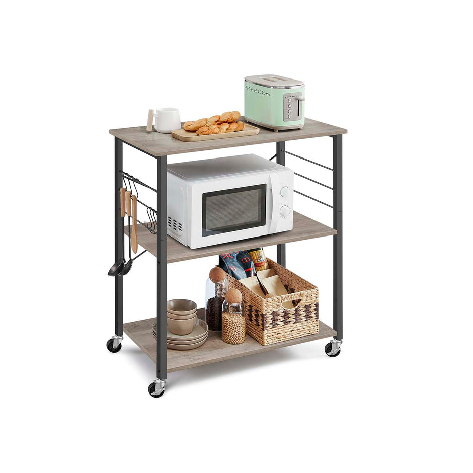 Kitchen Serving Trolley – Metal – Heather Greige and Ink Black – 3 Shelves with Hooks