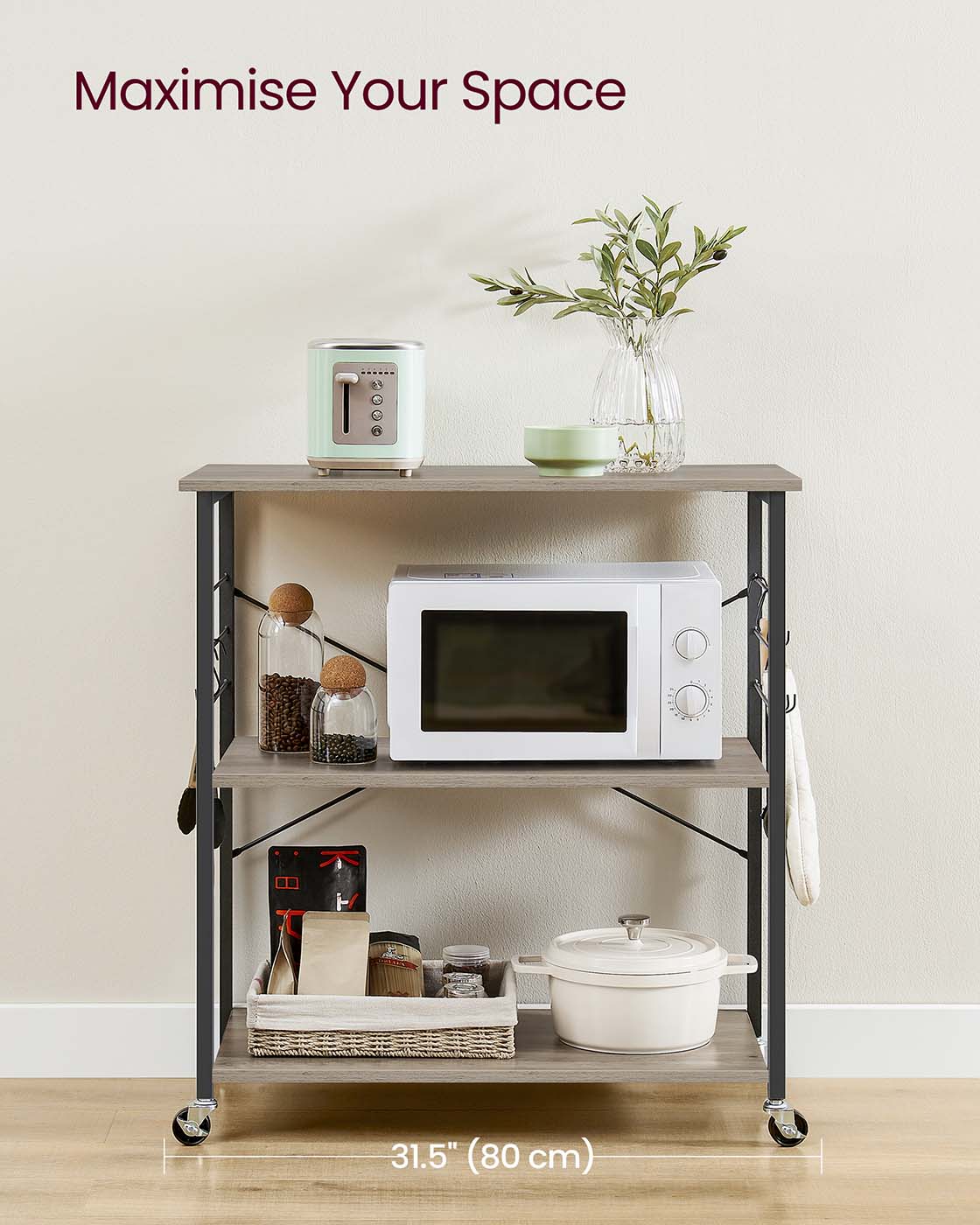 Kitchen Serving Trolley – Metal – Heather Greige and Ink Black – 3 Shelves with Hooks