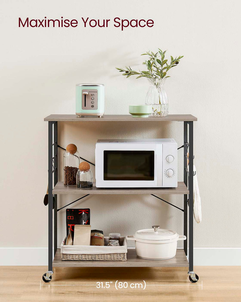 Kitchen Serving Trolley – Metal – Heather Greige and Ink Black – 3 Shelves with Hooks
