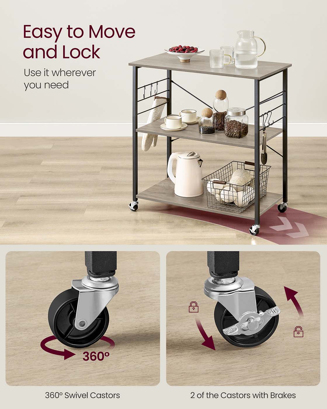 Kitchen Serving Trolley – Metal – Heather Greige and Ink Black – 3 Shelves with Hooks