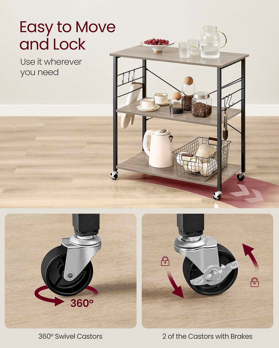 Kitchen Serving Trolley – Metal – Heather Greige and Ink Black – 3 Shelves with Hooks