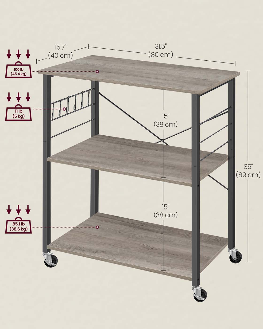Kitchen Serving Trolley – Metal – Heather Greige and Ink Black – 3 Shelves with Hooks