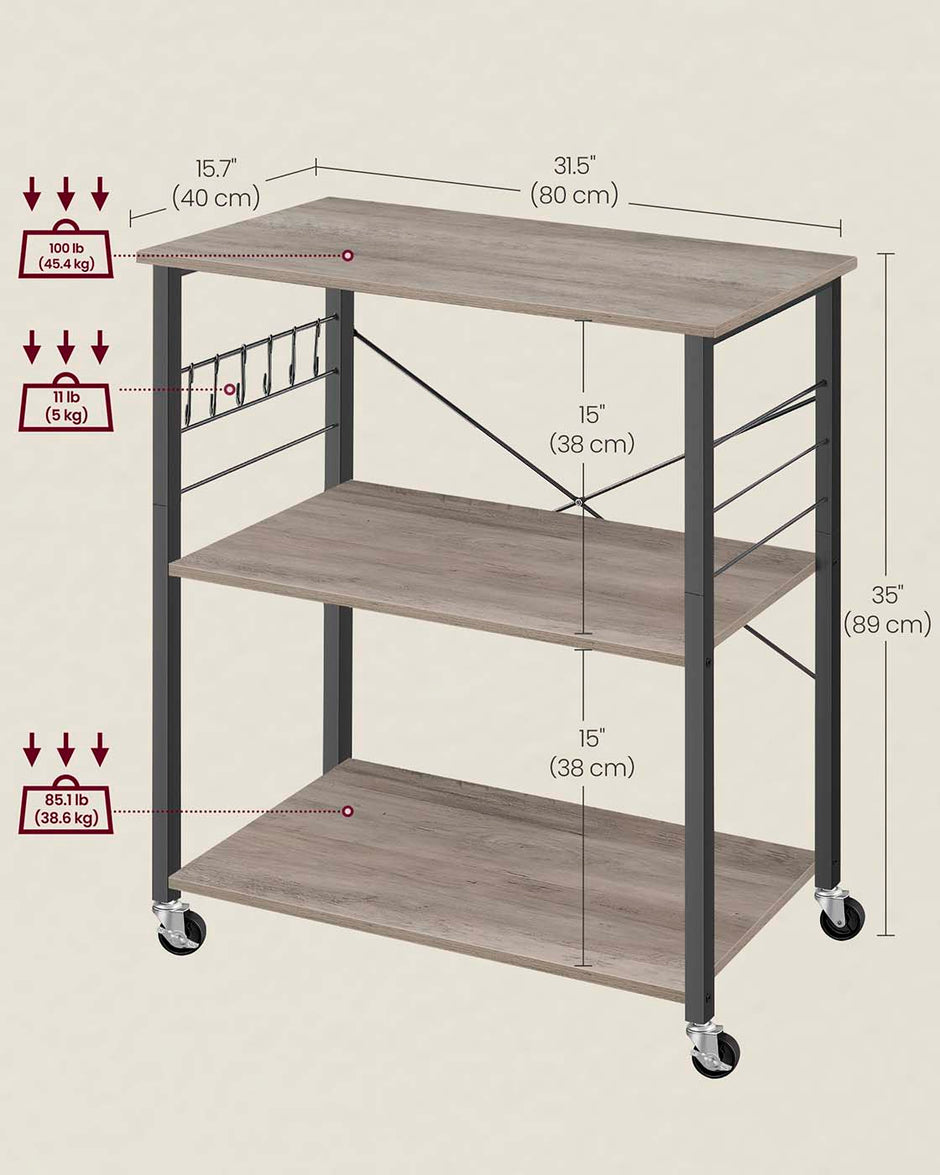 Kitchen Serving Trolley – Metal – Heather Greige and Ink Black – 3 Shelves with Hooks