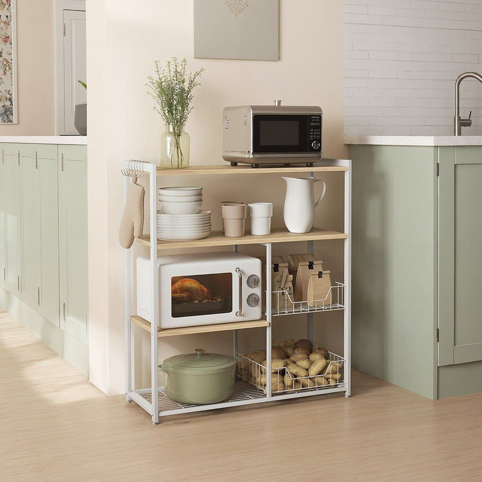 Kitchen Bakers Rack – Wood and Metal – Walnut Brown and White – Industrial Style with Baskets and Hooks