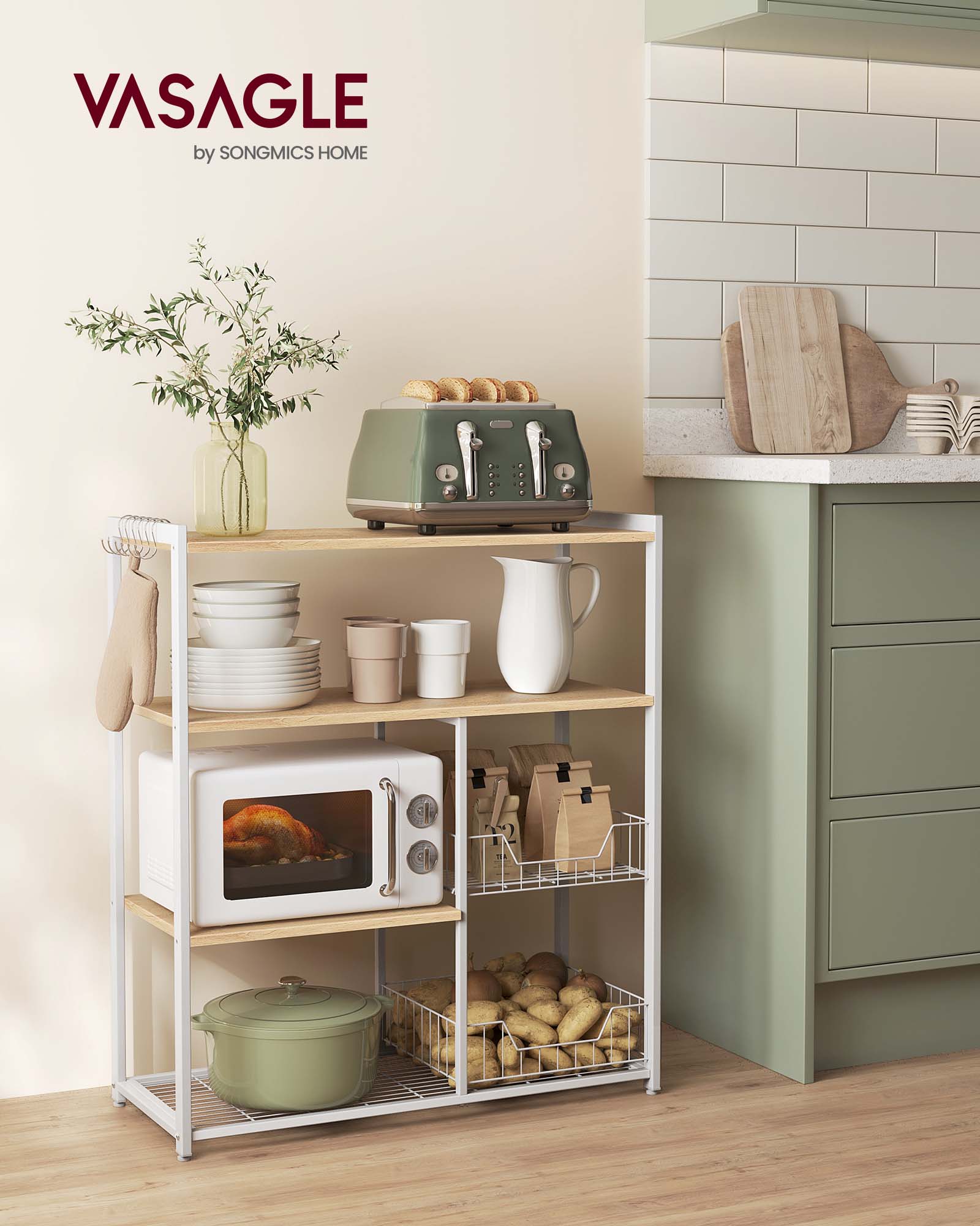 Kitchen Island – Metal – Industrial Style – Features 2 Metal Mesh Baskets, Shelves, and Hooks