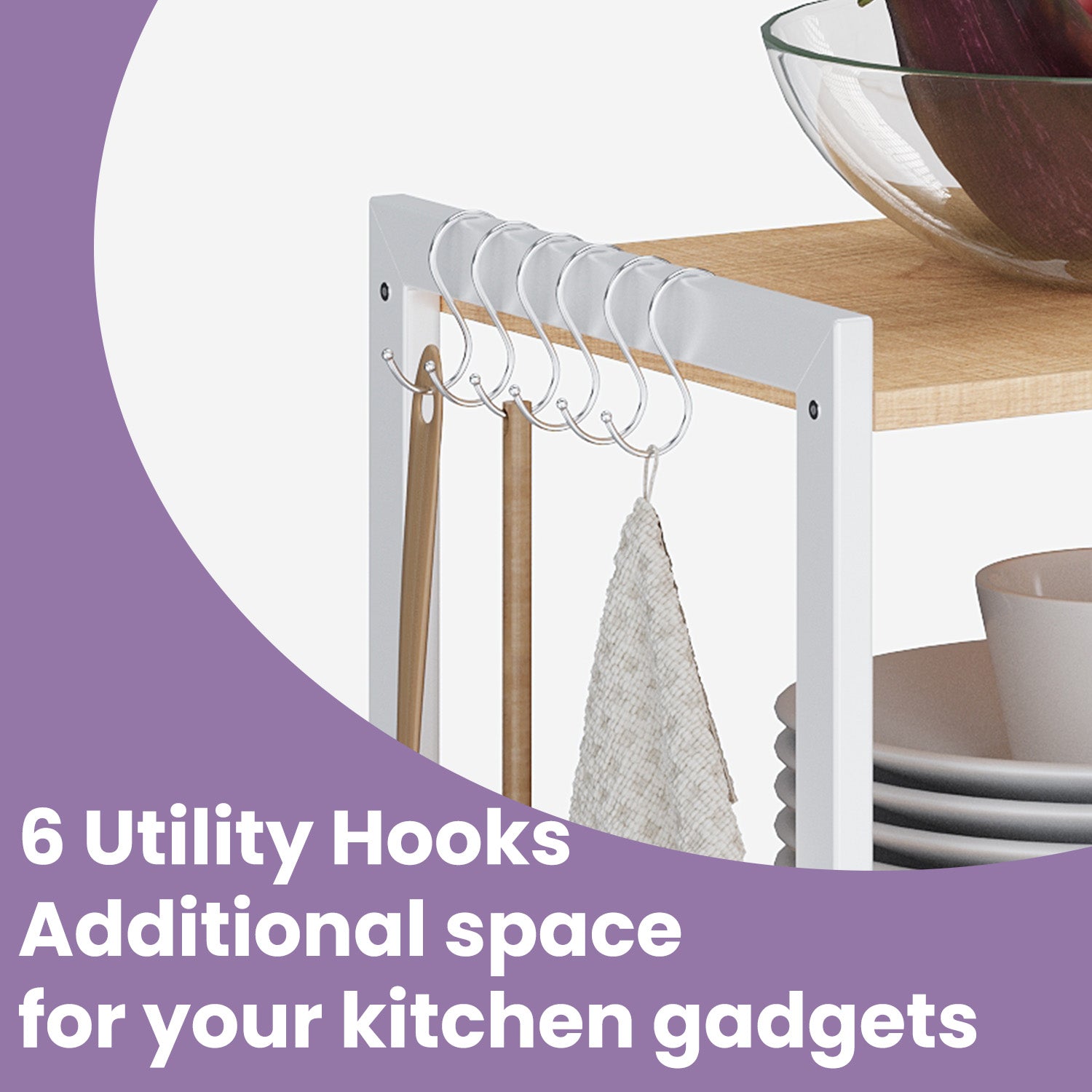 Kitchen Bakers Rack – Wood and Metal – Walnut Brown and White – Industrial Style with Baskets and Hooks