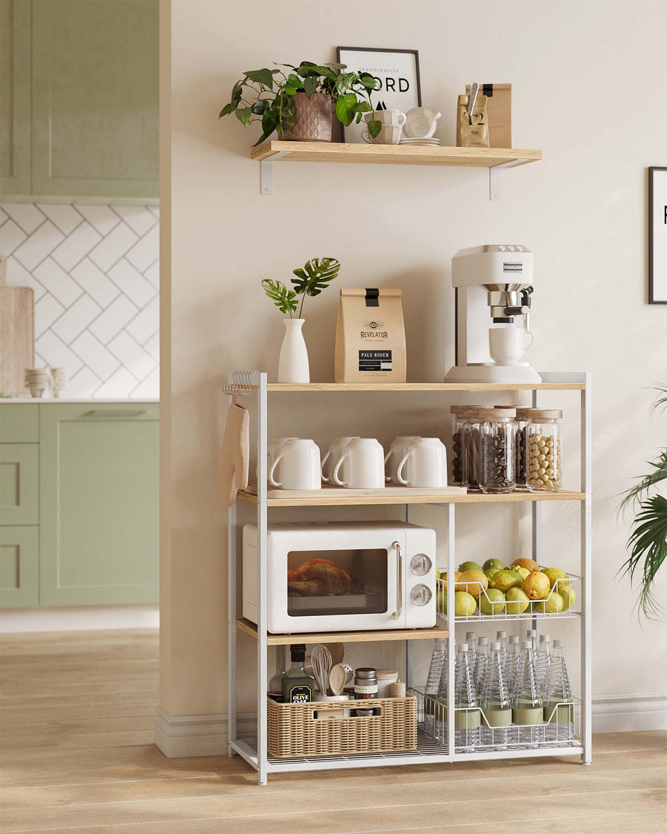 Kitchen Island – Metal – Industrial Style – Features 2 Metal Mesh Baskets, Shelves, and Hooks