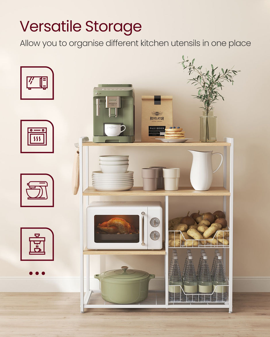 Kitchen Island – Metal – Industrial Style – Features 2 Metal Mesh Baskets, Shelves, and Hooks