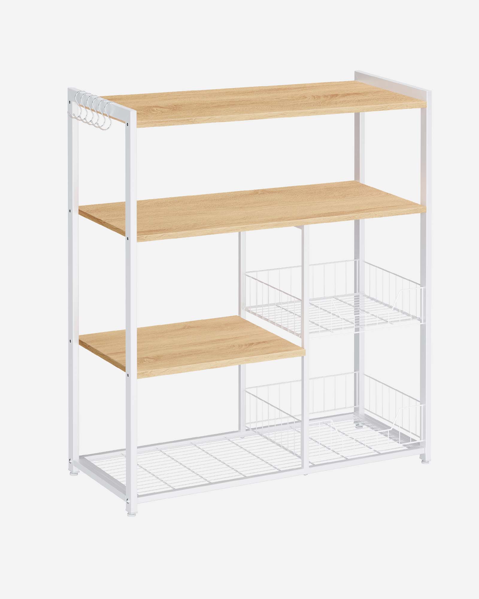 Kitchen Island – Metal – Industrial Style – Features 2 Metal Mesh Baskets, Shelves, and Hooks