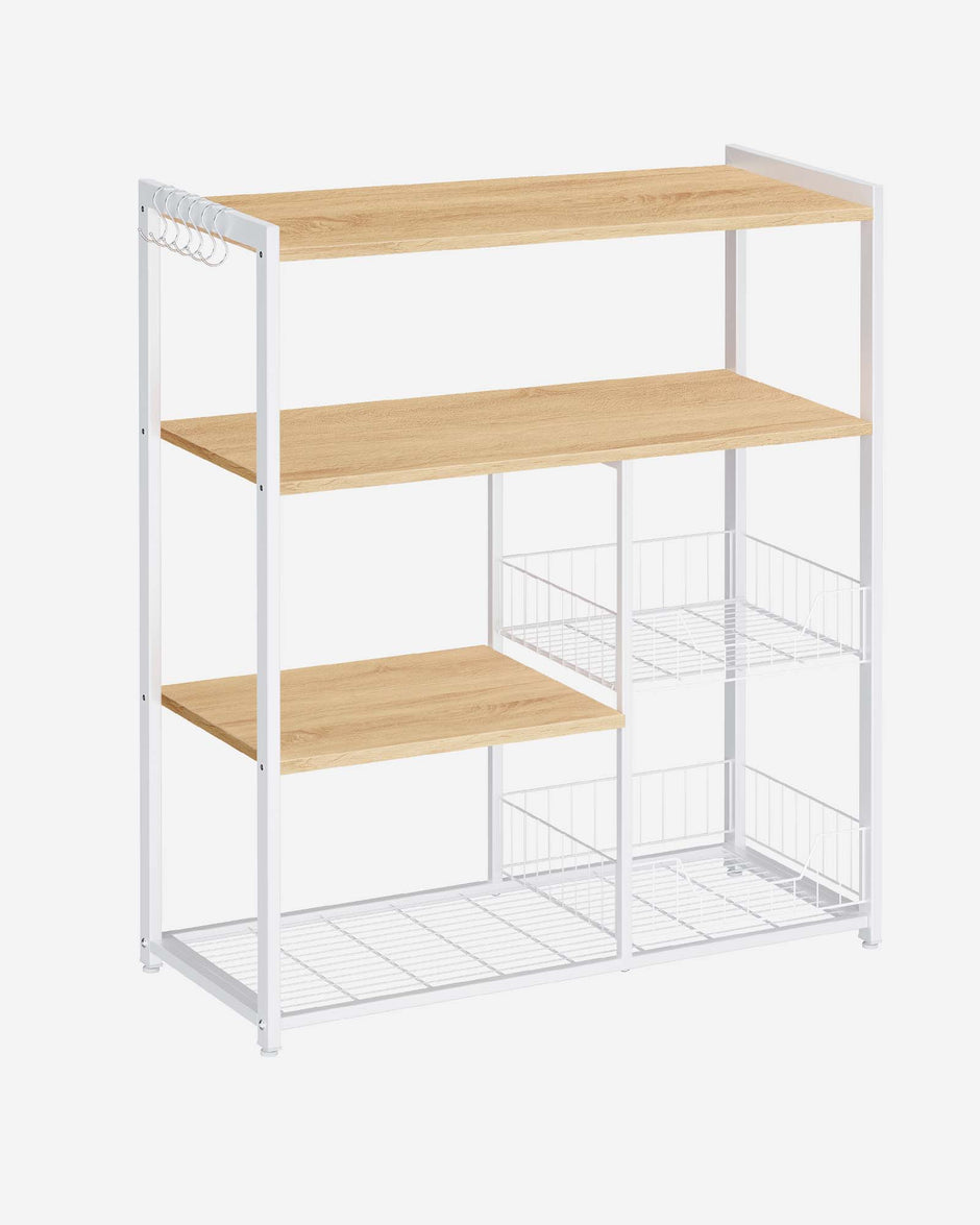 Kitchen Island – Metal – Industrial Style – Features 2 Metal Mesh Baskets, Shelves, and Hooks