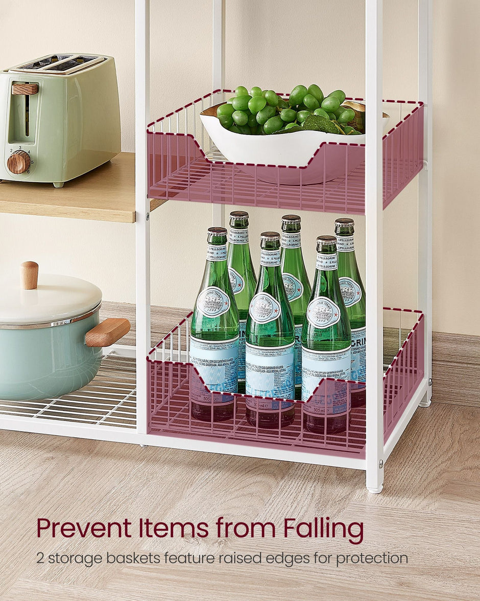 Kitchen Island – Metal – Industrial Style – Features 2 Metal Mesh Baskets, Shelves, and Hooks