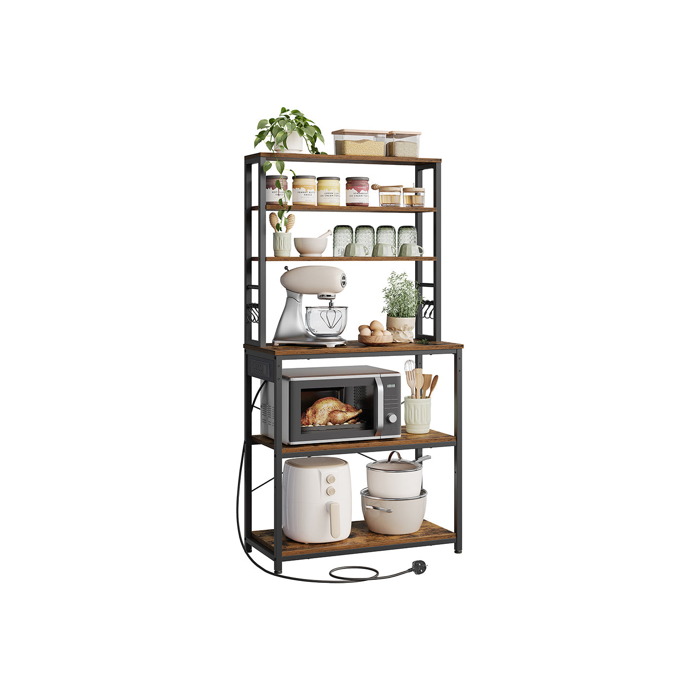 Baker's Rack – Wood and Metal – Rustic Brown and Ink Black – Multi-Tier with Power Outlet and Hooks