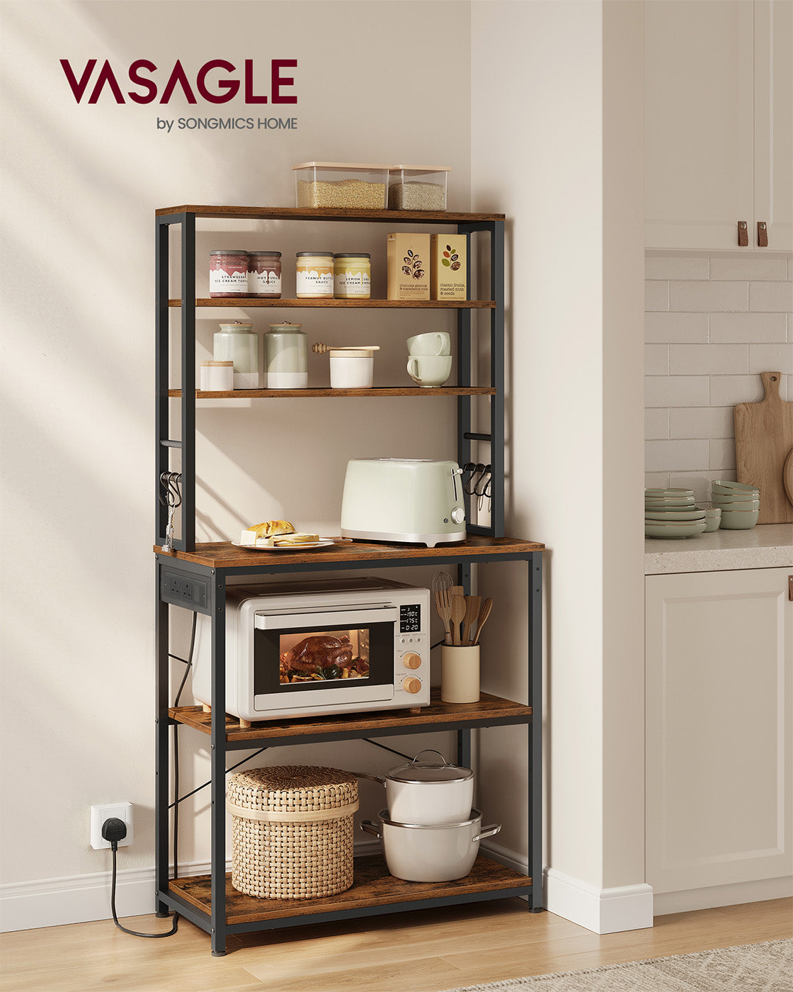 Baker's Rack – Wood and Metal – Rustic Brown and Ink Black – Multi-Tier with Power Outlet and Hooks