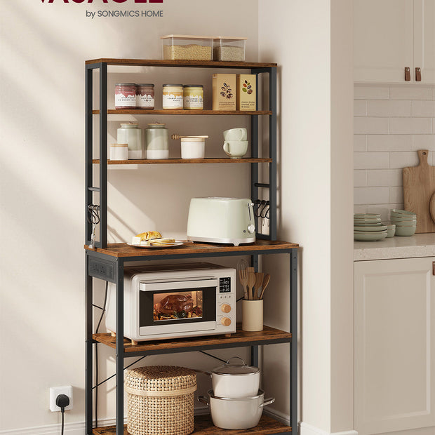 Baker's Rack – Wood and Metal – Rustic Brown and Ink Black – Multi-Tier with Power Outlet and Hooks