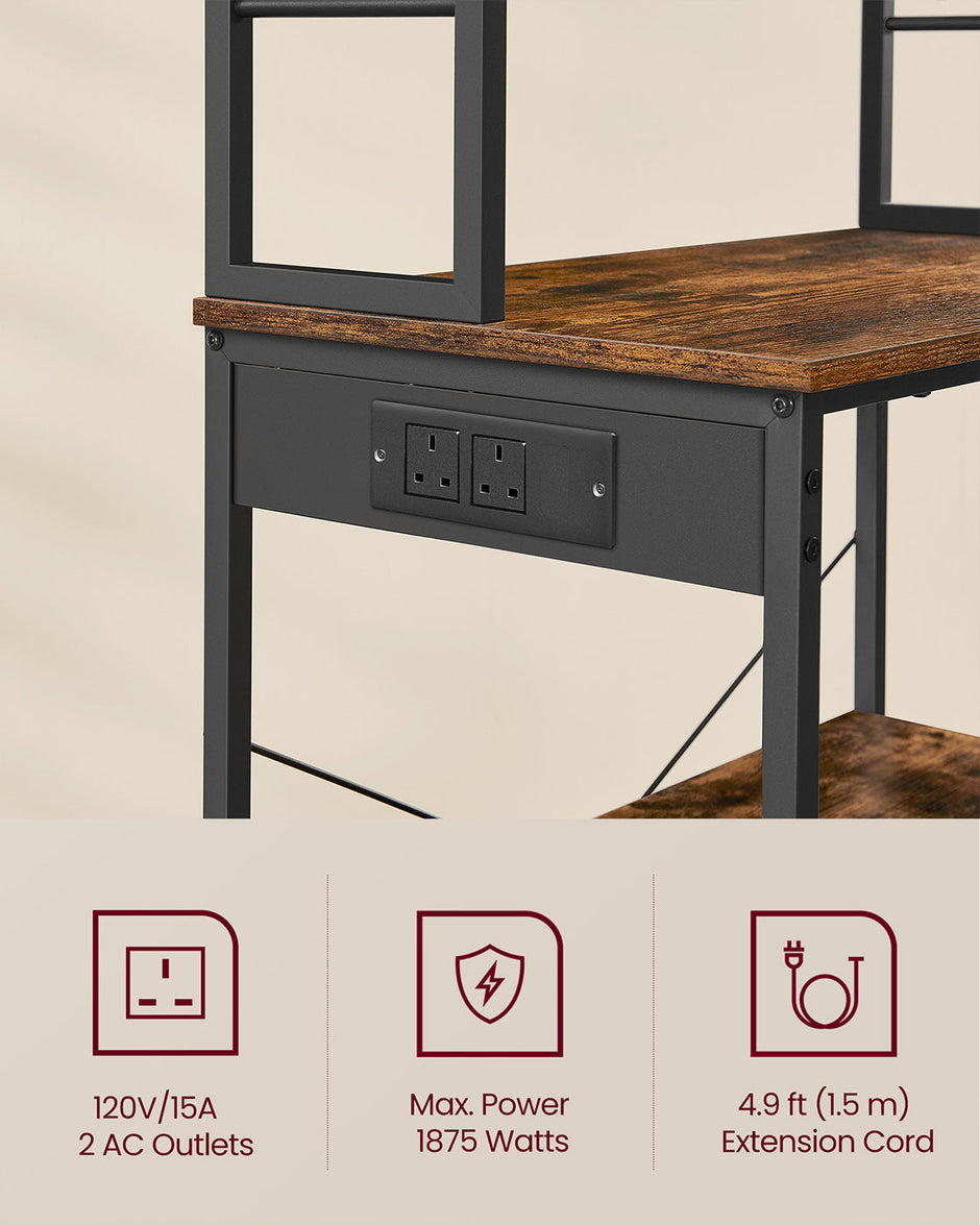 Baker's Rack – Wood and Metal – Rustic Brown and Ink Black – Multi-Tier with Power Outlet and Hooks