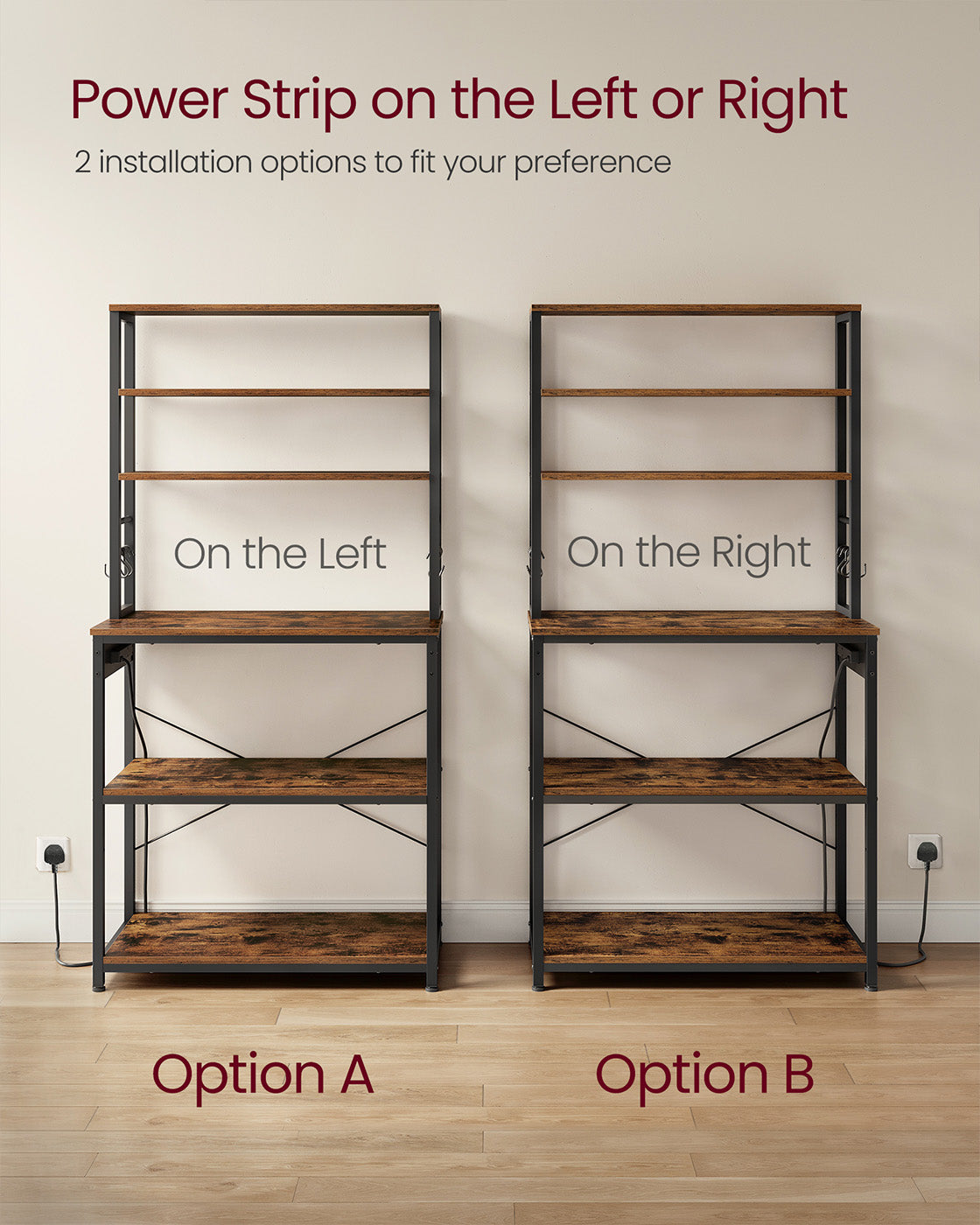 Baker's Rack – Wood and Metal – Rustic Brown and Ink Black – Multi-Tier with Power Outlet and Hooks