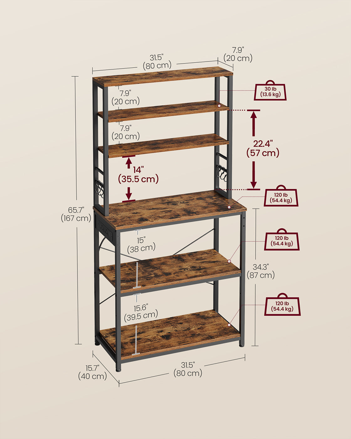 Baker's Rack – Wood and Metal – Rustic Brown and Ink Black – Multi-Tier with Power Outlet and Hooks