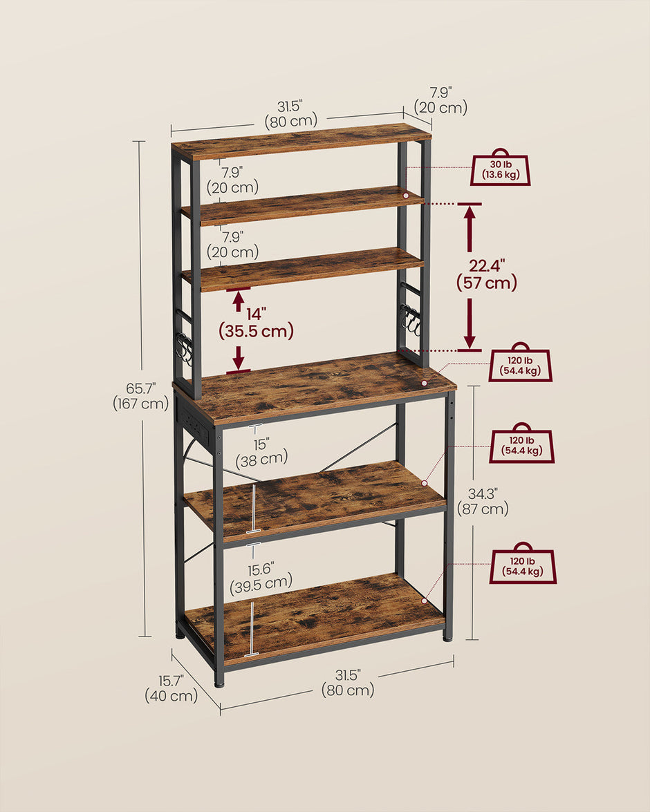 Baker's Rack – Wood and Metal – Rustic Brown and Ink Black – Multi-Tier with Power Outlet and Hooks