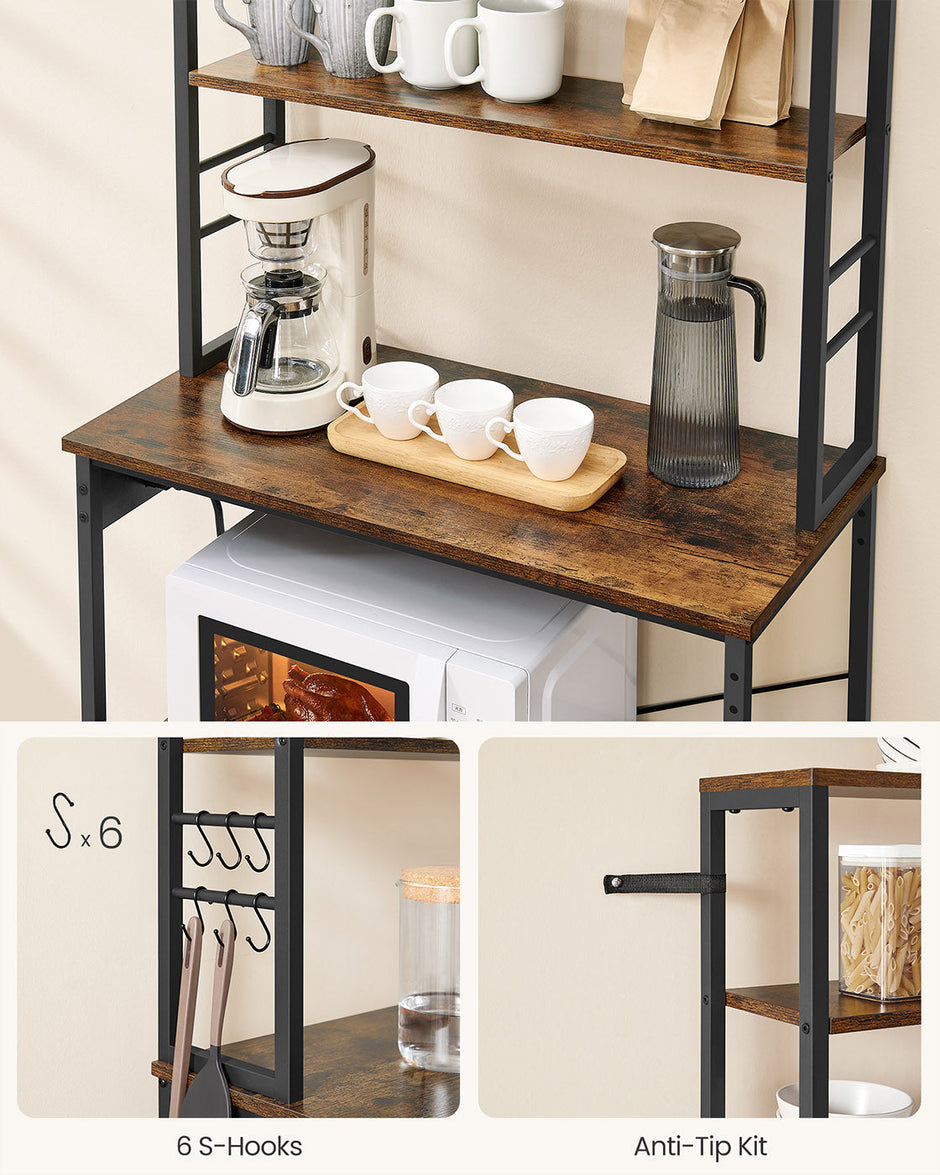 Baker's Rack – Wood and Metal – Rustic Brown and Ink Black – Multi-Tier with Power Outlet and Hooks