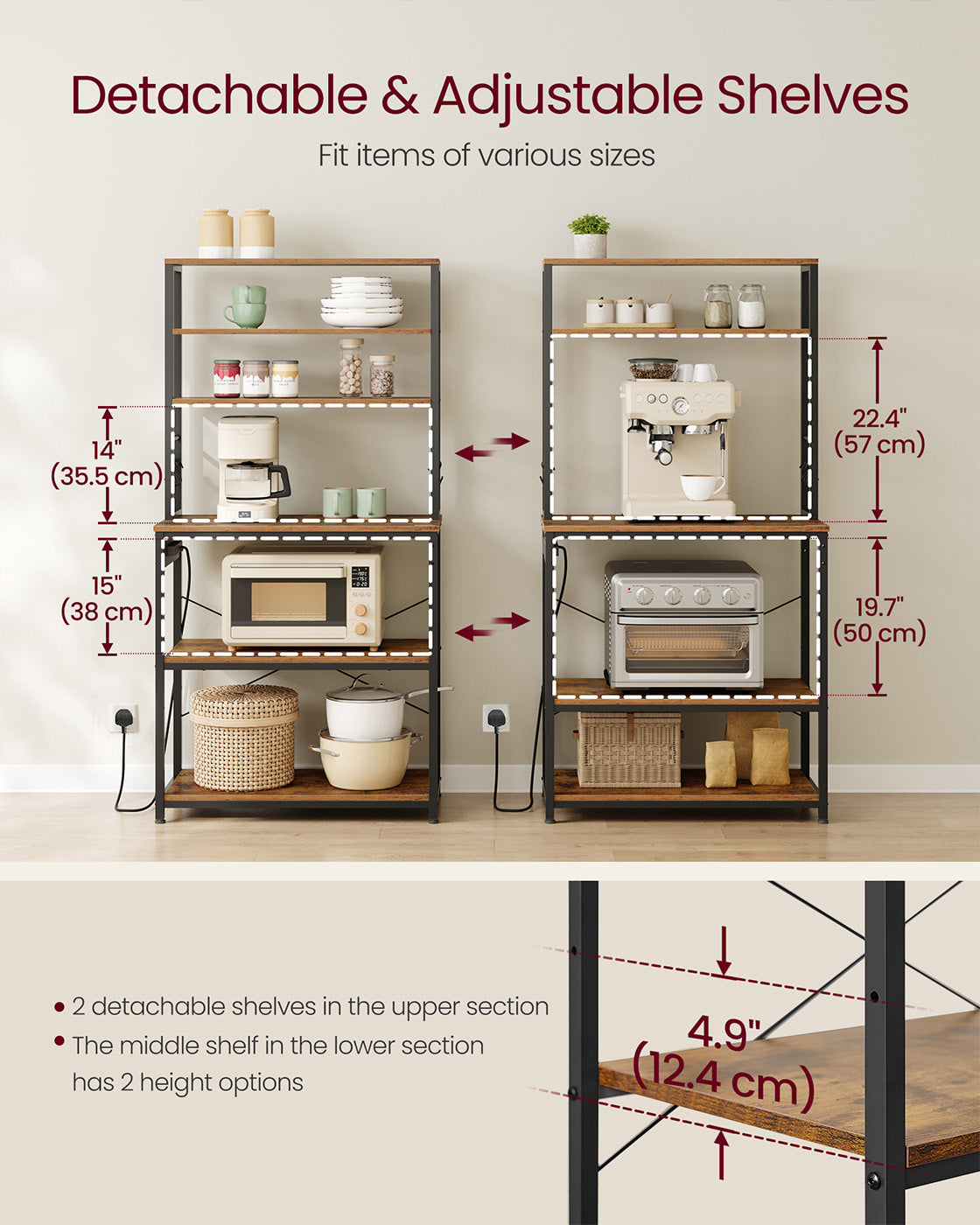 Baker's Rack – Wood and Metal – Rustic Brown and Ink Black – Multi-Tier with Power Outlet and Hooks