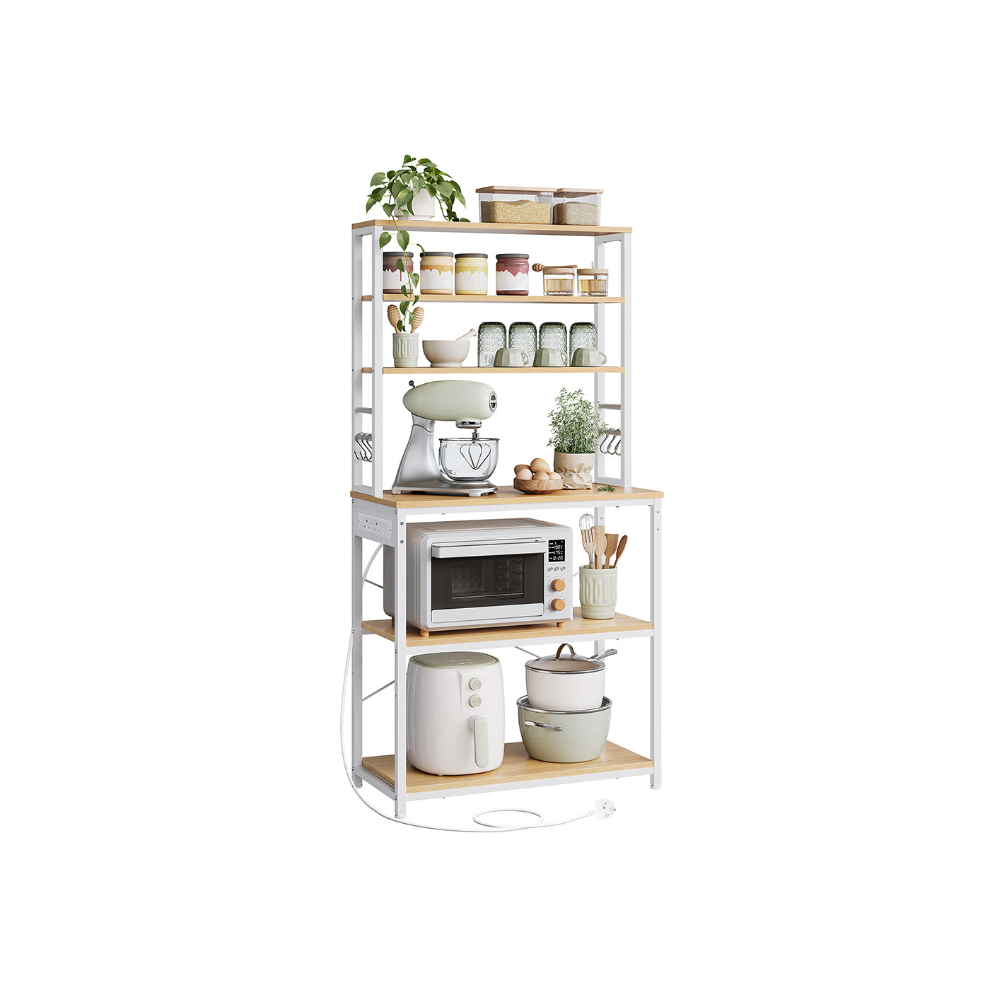 Baker's Rack – Wood and Metal – Rustic Brown and Ink Black – Multi-Tier with Power Outlet and Hooks