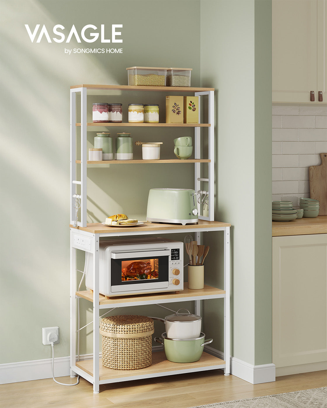 Baker's Rack – Wood and Metal – Rustic Brown and Ink Black – Multi-Tier with Power Outlet and Hooks