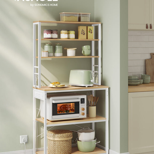 Baker's Rack – Wood and Metal – Rustic Brown and Ink Black – Multi-Tier with Power Outlet and Hooks